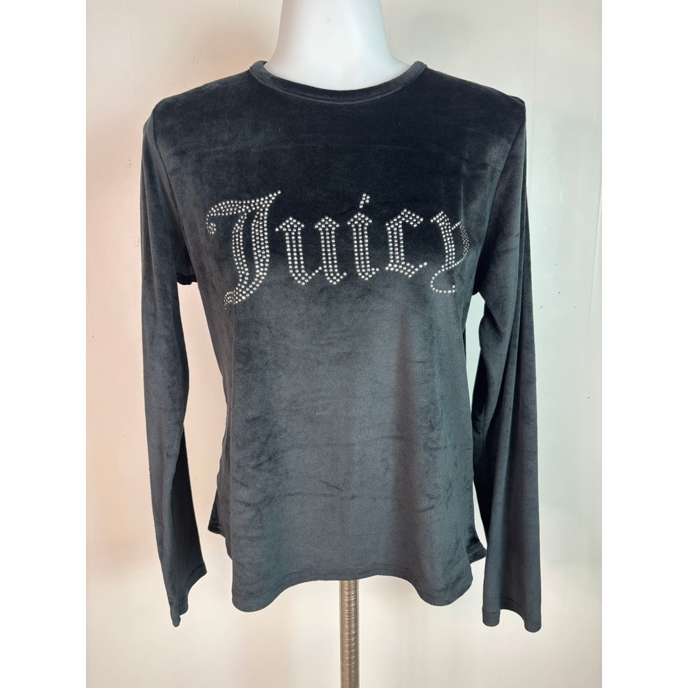 Juicy Couture Pajama Top Large Black Velour Rhinestone Logo Long Sleeve Womens